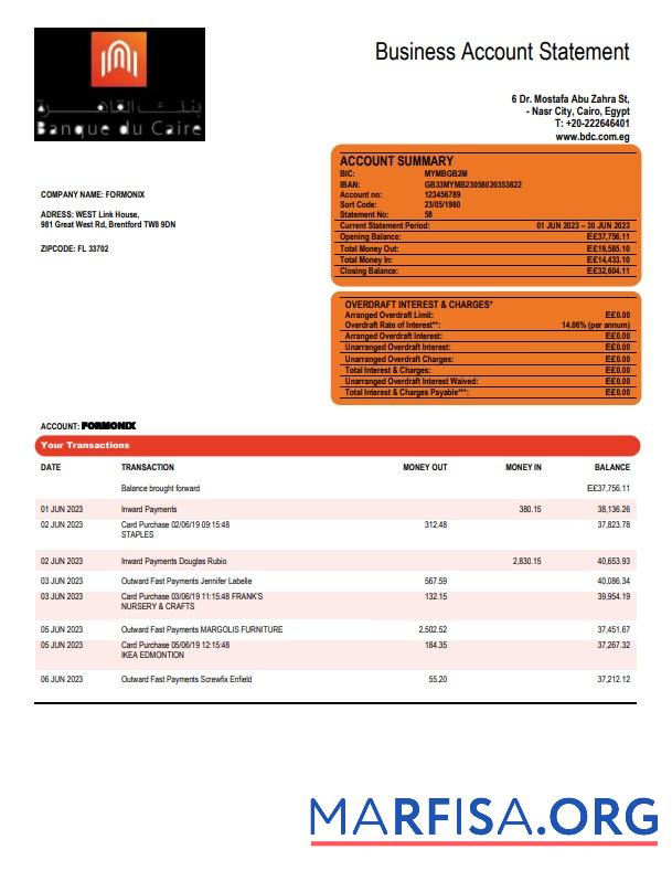 Downloadable Banque du Caire company account statement Word and PDF template